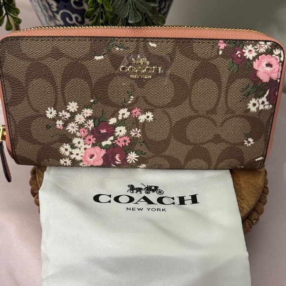 Coach Handbags - Coach Brown and Pink Floral Women's Accordion Zip Around Wallet NWT